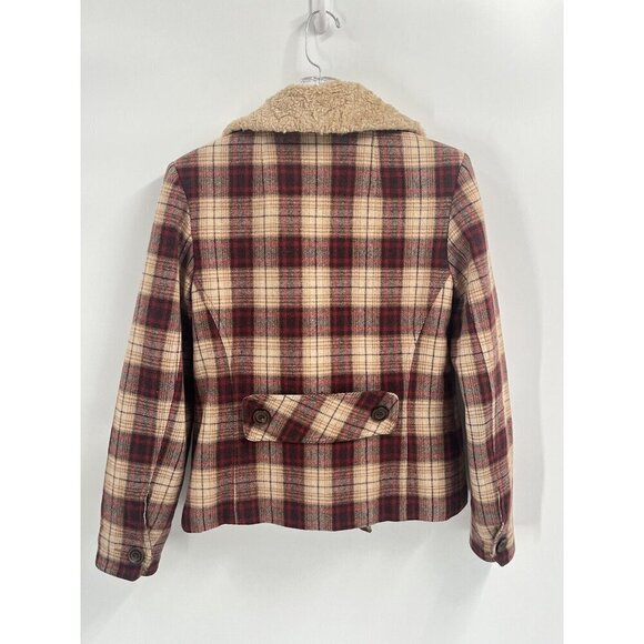 Giacco Wool Plaid Double Breasted Pea Coat Brown Faux Fur Sz Small - Picture 6 of 7